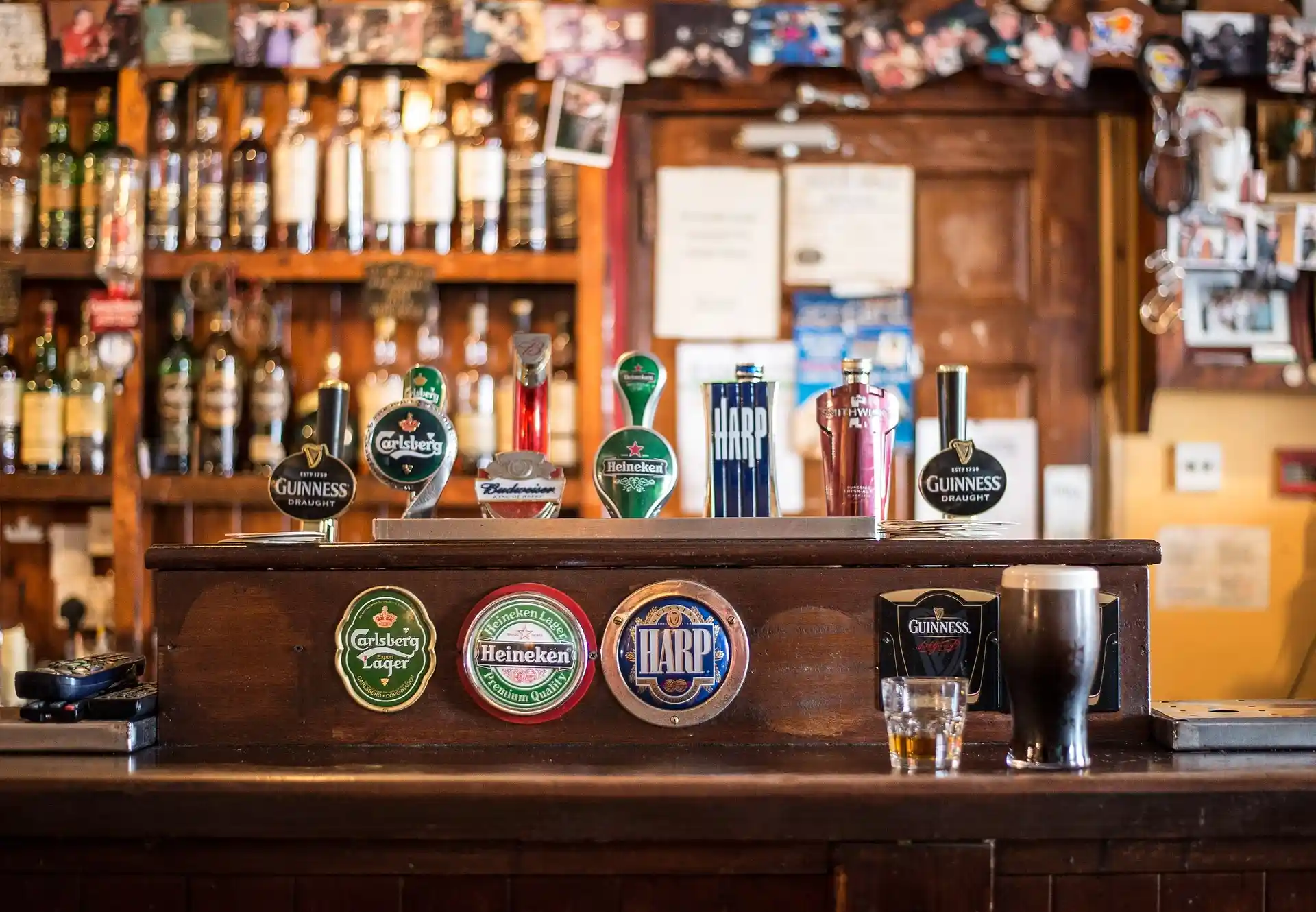 Beers on tap in an Irish pub